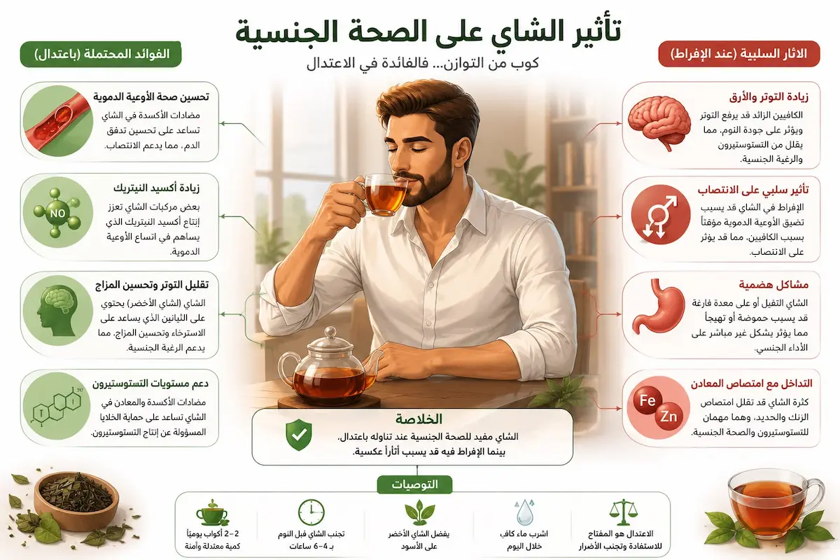 إنفوجرافيك طبي يوضح تأثير الشاي الأخضر والأحمر المعتدل والمفرط على أكسيد النيتريك، هرمون التستوستيرون، وجودة الخصوبة والنطاف للرجال.