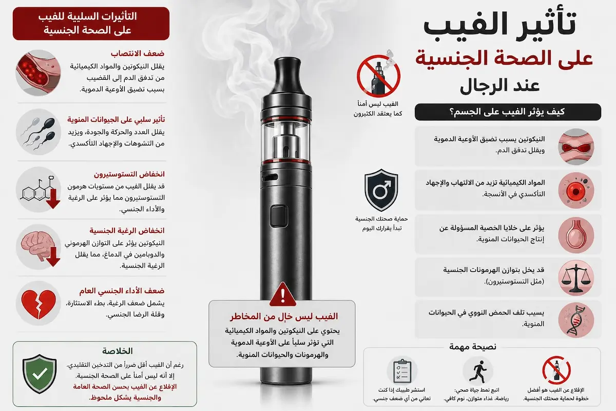 إنفوجرافيك طبي يفصل أضرار تدخين الفيب والنيكوتين السائل على تدمير أكسيد النيتريك، هبوط هرمون التستوستيرون، وضيق الشرايين للرجال.