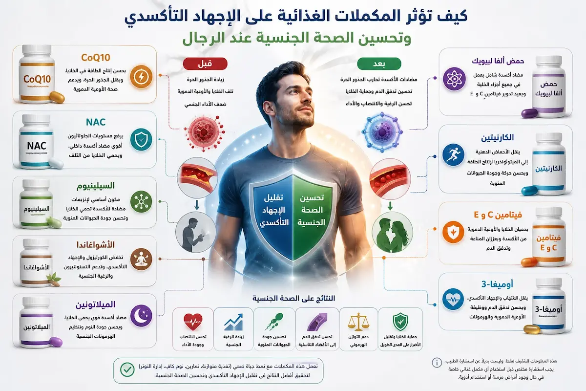 إنفوجرافيك طبي يفصل تأثير مكملات الزنك، فيتامين E، والأستازانتين في تقليل الأكسدة الخلوية ورفع كفاءة الانتصاب والخصوبة عند الرجال.