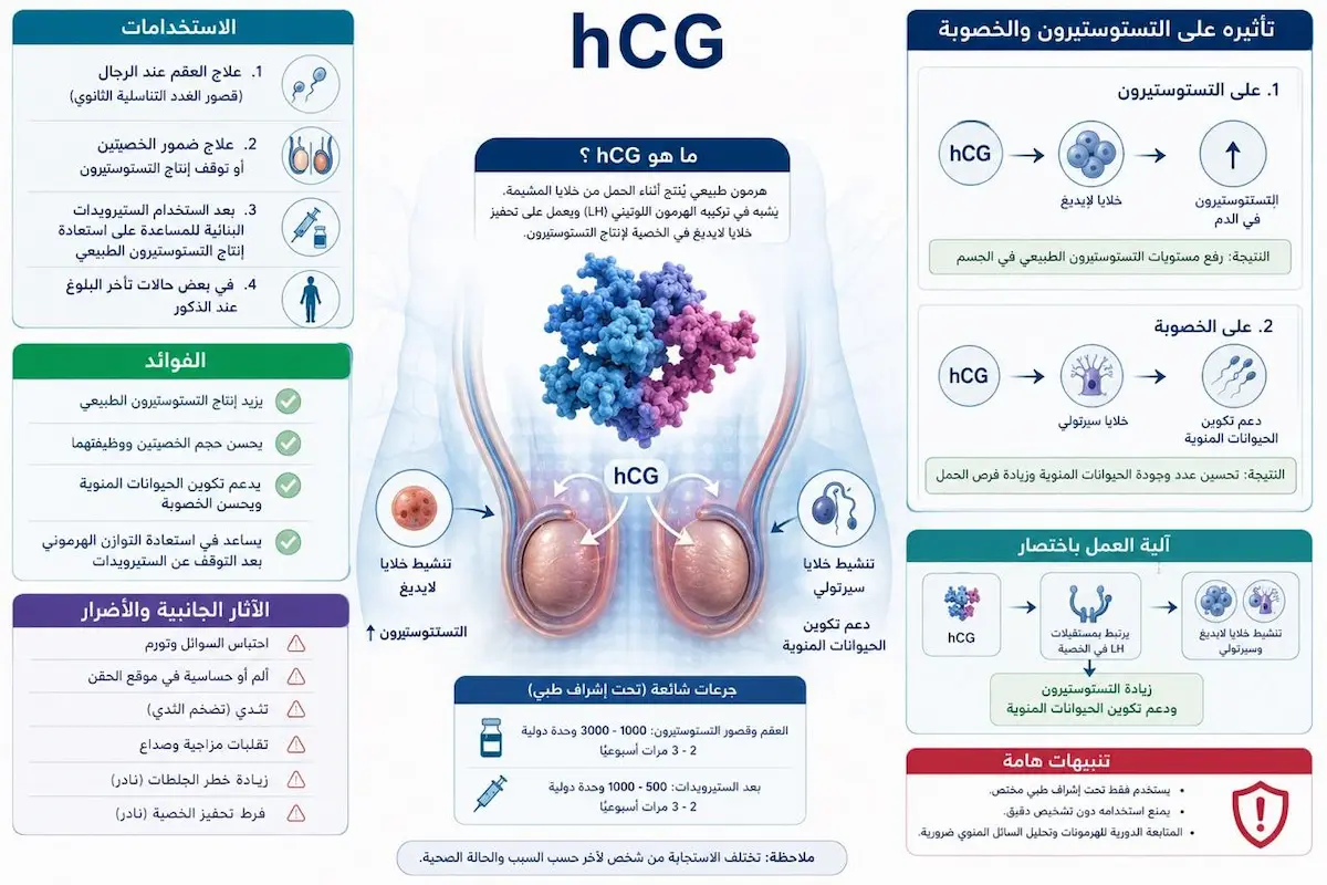 إنفوجرافيك طبي يوضح تأثير حقن hCG على رفع التستوستيرون وحماية الخصوبة والحيوانات المنوية والأضرار الجانبية المحتملة.