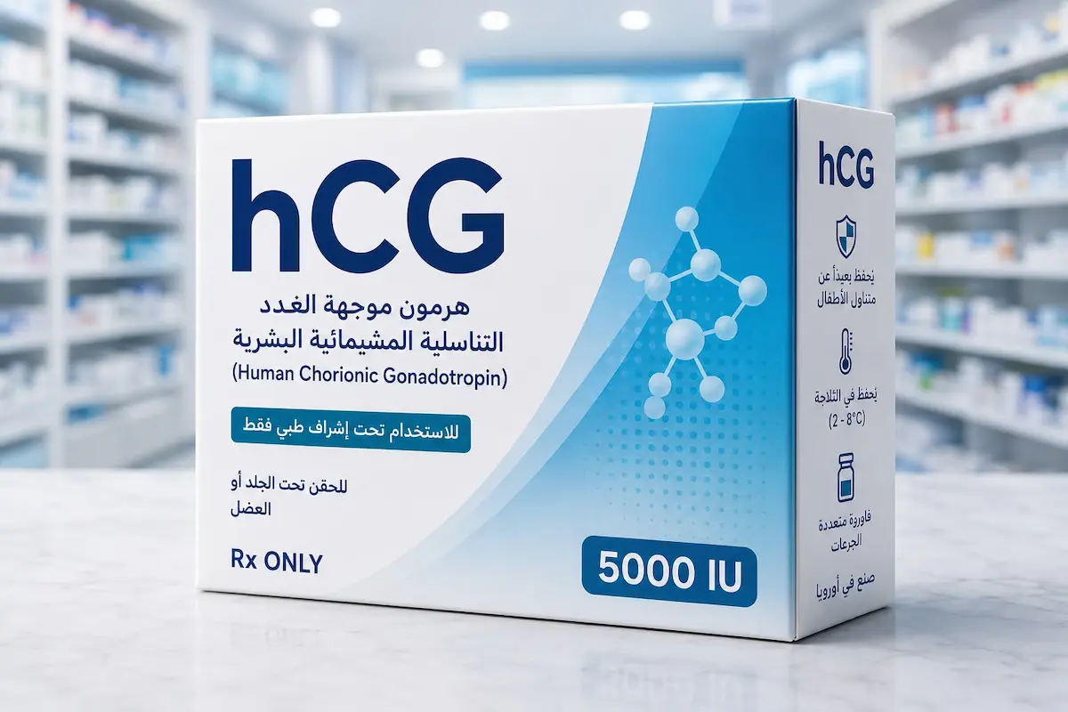 لقطة فوتوغرافية لعلبة دواء هرمون hCG وأمبولة حقن طبية لمناقشة فوائد وأضرار استخدامه للرجال والتستوستيرون والخصوبة.