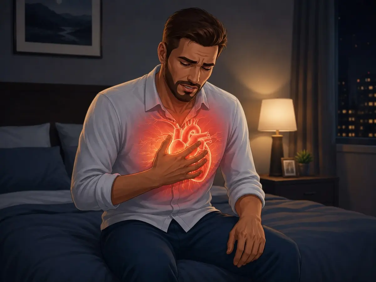 لقطة فوتوغرافية تظهر شاباً يمسك بقلبه عند صدره لمناقشة أثر أمراض القلب والأوعية الدموية على الرغبة والانتصاب للرجال.