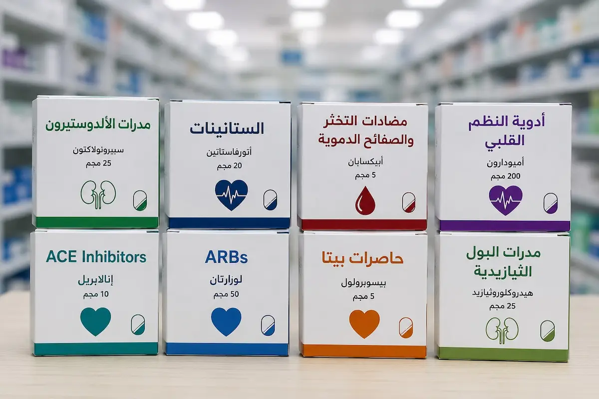 لقطة فوتوغرافية تظهر علب وأشرطة أدوية أمراض القلب وضغط الدم الشائعة لمناقشة مدى تأثيرها على هرمون التستوستيرون والانتصاب للرجال.