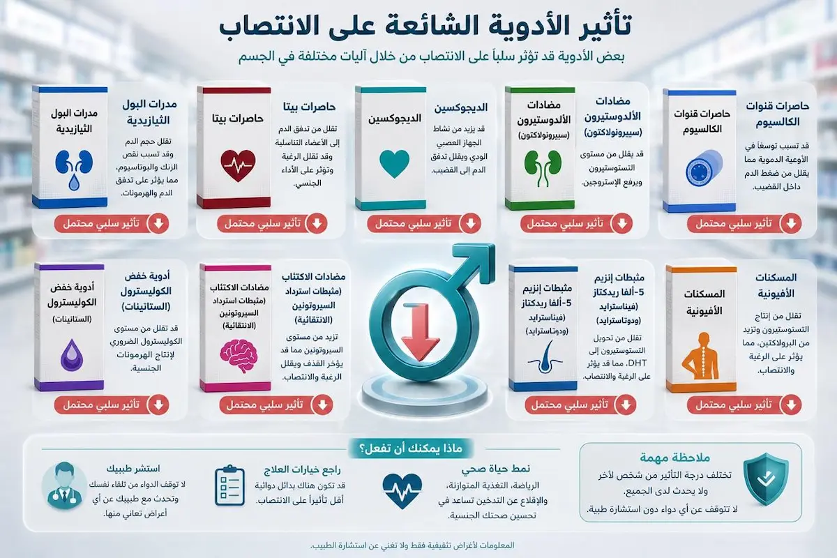 إنفوجرافيك طبي يوضح قائمة الأدوية التي تسبب ضعف الانتصاب وآلية تأثيرها البيولوجي.