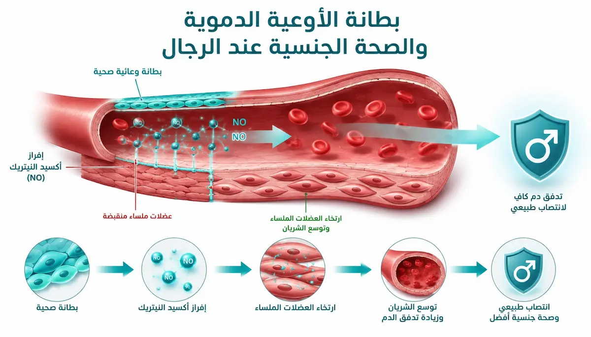 مخطط إنفوجرافيك طبي يوضح خطوات إفراز أكسيد النيتريك عبر البطانة الوعائية لارتخاء العضلات الملساء الشريانية وتحقيق الانتصاب للرجال.