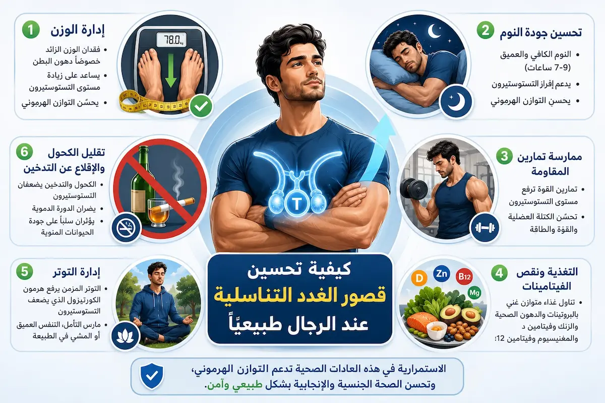 أثر العلاج الطبيعي لقصور الغدد - أطلس الرجل الصحي. إنفوجرافيك طبي يشرح أثر النوم، إنقاص الوزن، والرياضة في تحفيز الغدة النخامية والخصية لرفع هرمون التستوستيرون طبيعياً عند الرجل.
