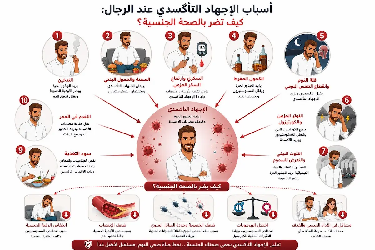مسببات الأكسدة وتأثيرها على كفاءة الرجل - أطلس الرجل الصحي. إنفوجرافيك طبي يربط بين عادات الحياة غير الصحية للإجهاد التأكسدي وتأثيراتها على تراجع الخصوبة، ضيق الشرايين، وهبوط التستوستيرون للرجال.
