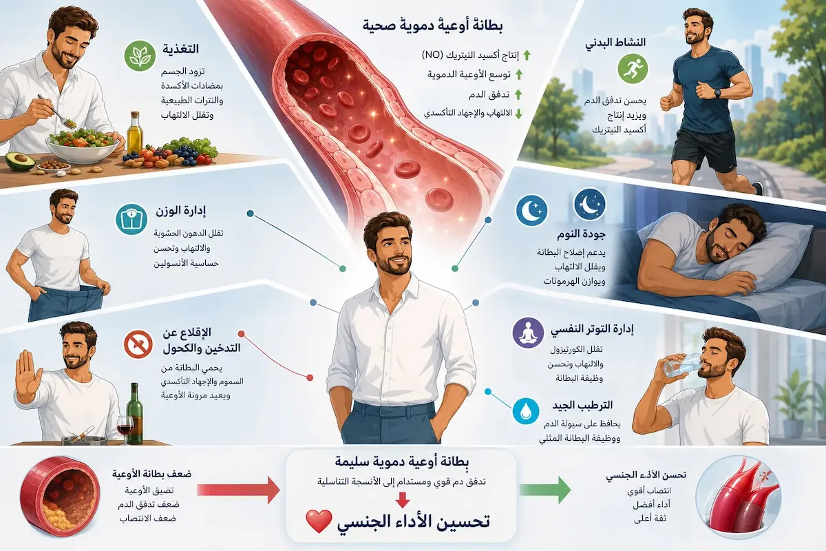 إنفوجرافيك طبي يشرح أثر الرياضة، الأطعمة الغنية بالنترات، ومضادات الأكسدة على ترميم بطانة الأوعية الدموية وزيادة أكسيد النيتريك للرجال.