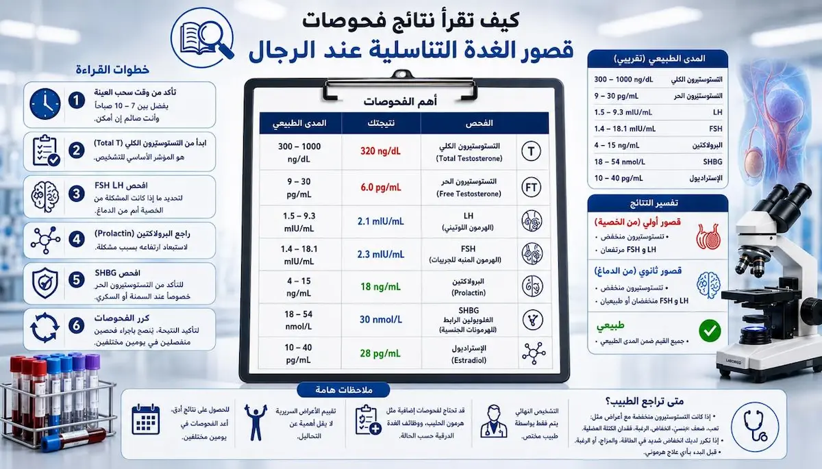 إنفوجرافيك طبي يشرح كيفية قراءة نتائج تحاليل التستوستيرون الكلي والحر وهرمونات LH وFSH لتشخيص قصور الغدد للرجال.