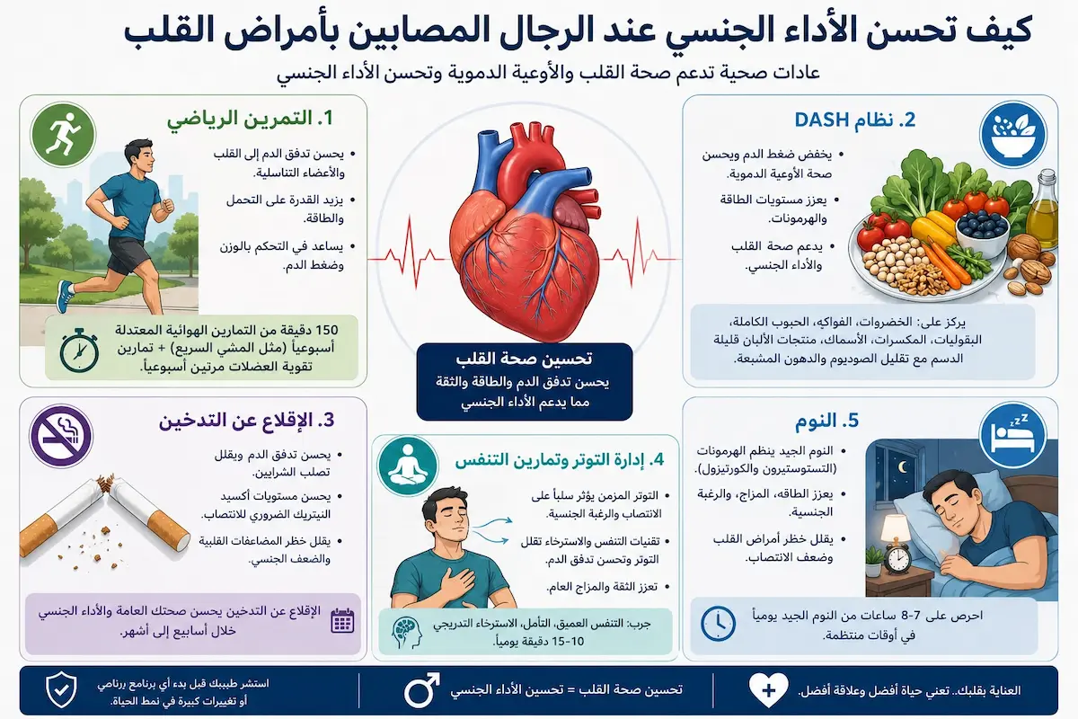 إنفوجرافيك طبي يشرح أثر رياضة المشي، الحمية الصحية، وضبط التوتر على تحسين كفاءة الأوعية الدموية والانتصاب لمرضى القلب.