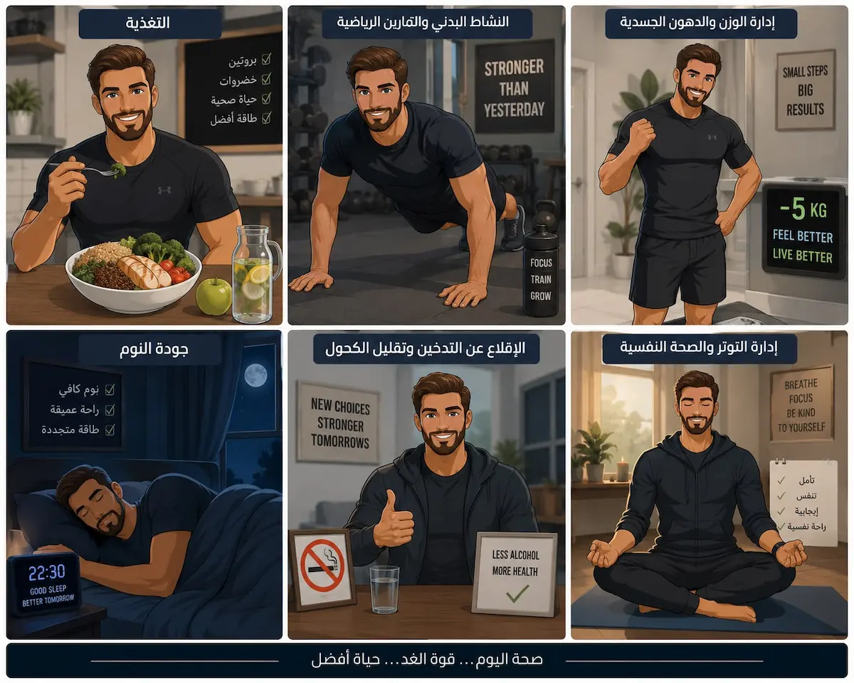 تصميم مقسوم الشاشة لشاب يمارس الرياضة ويتناول غذاءً صحياً لمناقشة طرق تحسين ضعف الانتصاب عند الرجال طبيعياً والدليل العلمي.