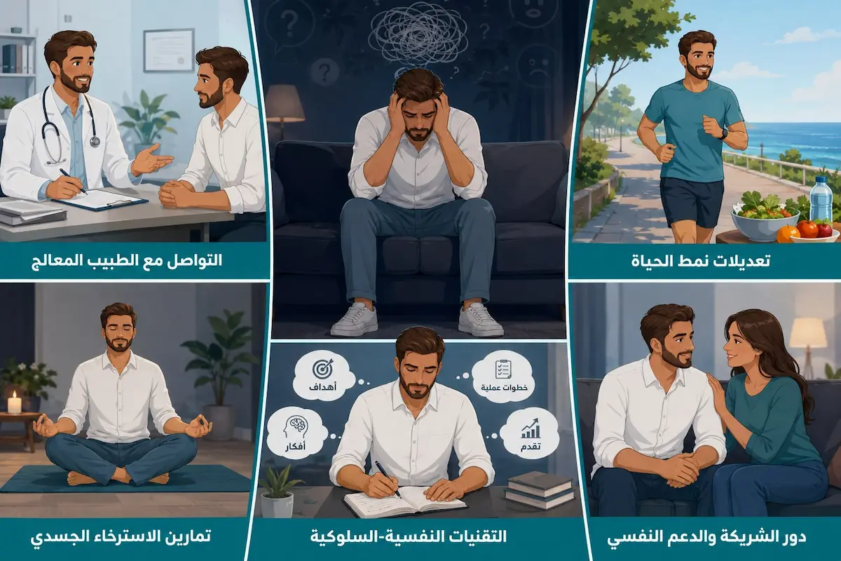 صورة بشاشة منقسمة لشاب يسلك طريق التعافي والتحسن لمناقشة طرق تحسين الصحة الجنسية عند الإصابة باضطراب نفسي.