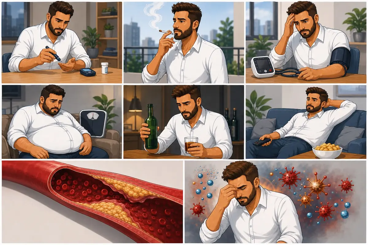 تصميم إنفوجرافيك يظهر شاباً في وضعيات مختلفة مثل فحص السكري والتدخين لمناقشة أسباب ضعف البطانة الوعائية وتأثيرها على الانتصاب عند الرجال.