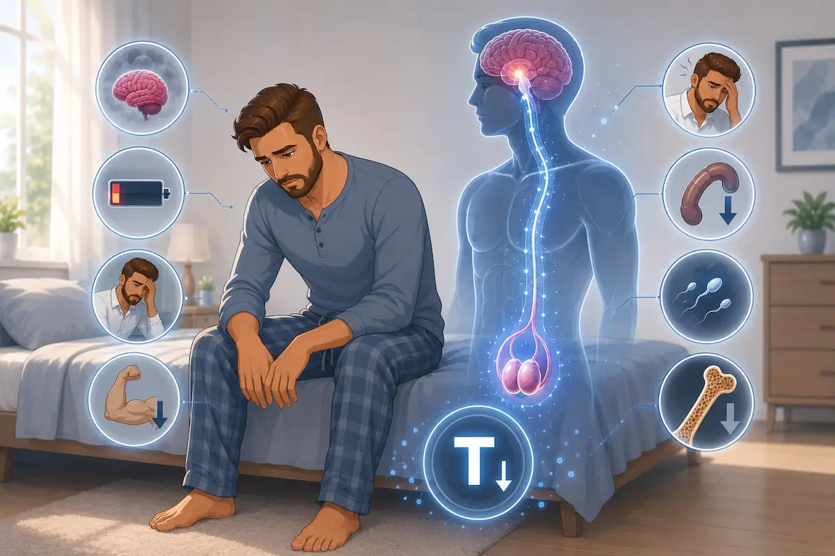 لقطة فوتوغرافية لشاب قلق يجلس على السرير محاطاً بأيقونات نقص هرمون التستوستيرون لمناقشة أعراض وتأثير قصور الغدد التناسلية عند الرجال.