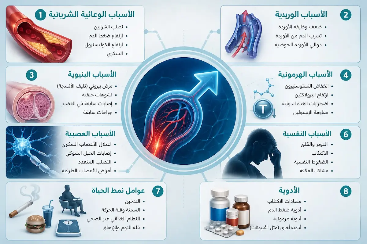 إنفوجرافيك طبي يوضح تصنيف أسباب ضعف الانتصاب الوعائية، الهرمونية، العصبيّة، والنفسية وتأثير كل منها.