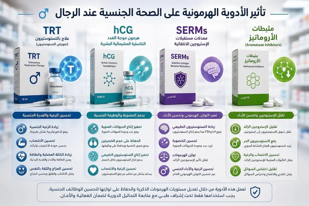 إنفوجرافيك طبي يقارن بين تأثير العلاج البديل بالتستوستيرون وحقن HCG والكلوميد على الانتصاب والخصوبة عند الرجال.
