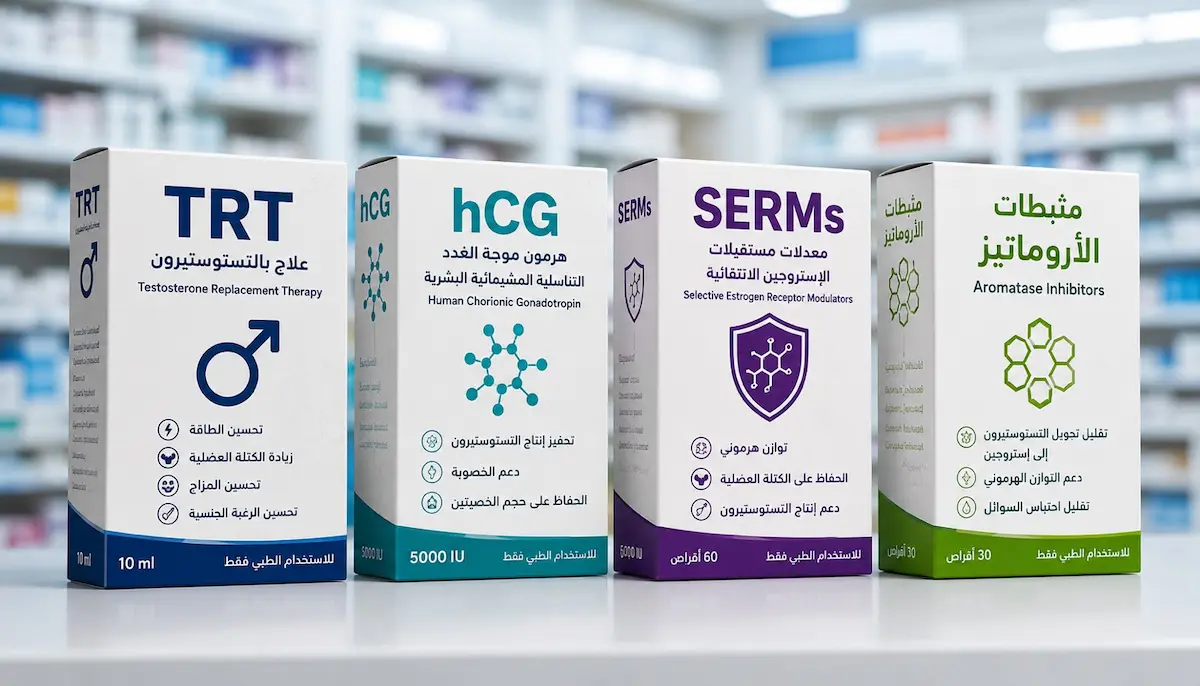 لقطة فوتوغرافية لخيارات العلاج الطبي لهرمون التستوستيرون تشمل الحقن والجل لعلاج قصور الغدد التناسلية عند الرجال.