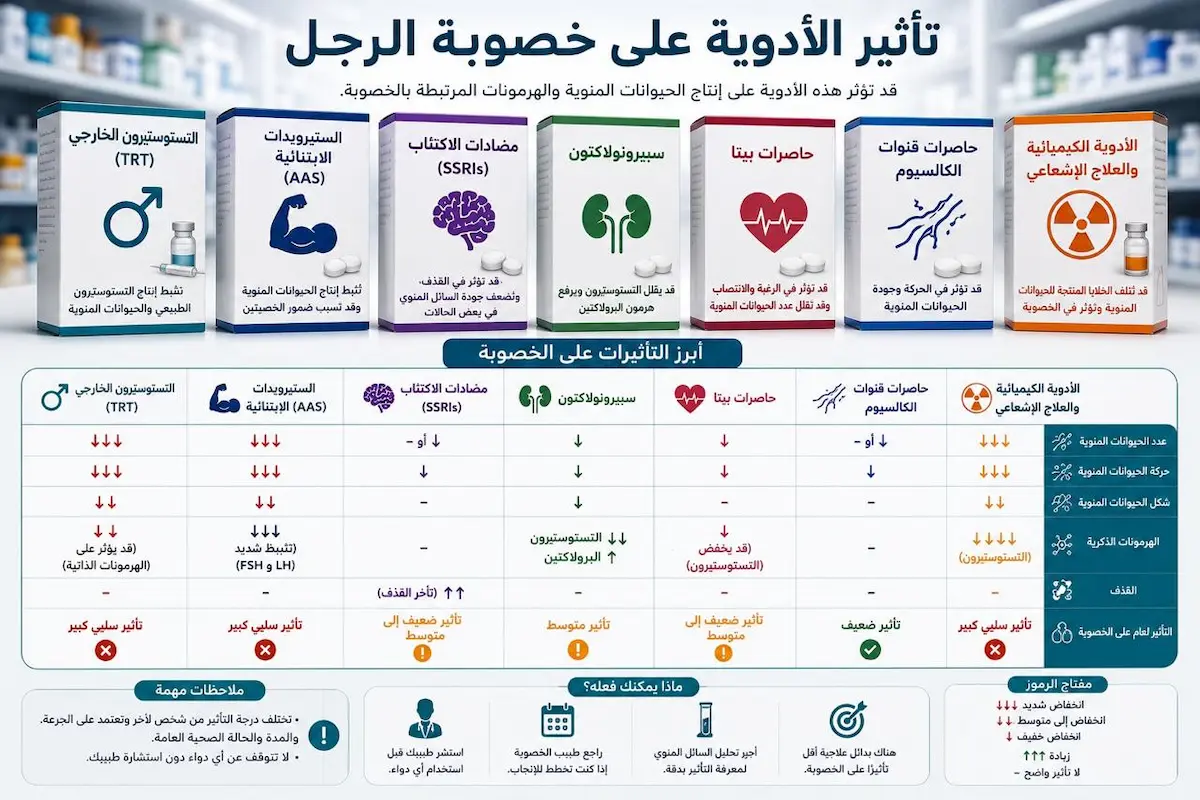 إنفوجرافيك طبي بصري يوضح الشرح والتأثير المباشر وغير المباشر للأدوية على خصوبة الرجل وإنتاج الحيوانات المنوية.