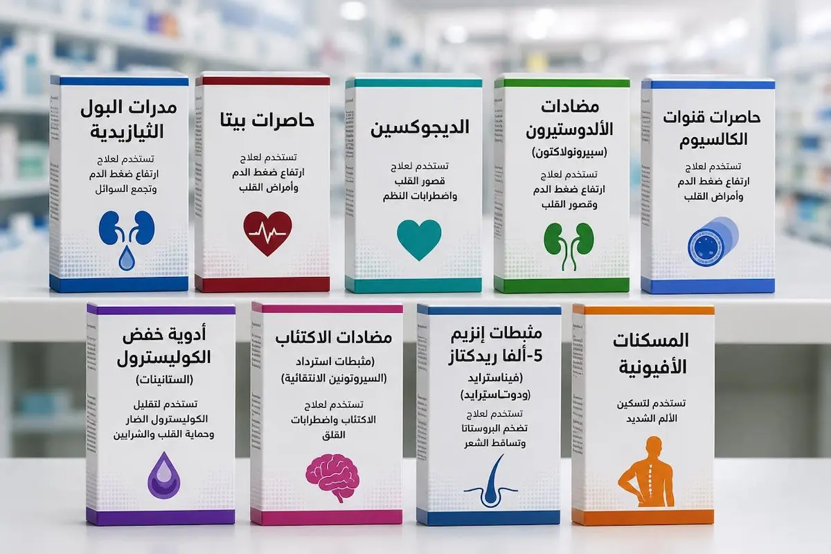 لقطة فوتوغرافية لعلب أدوية شائعة لمناقشة قائمة الأدوية التي قد تسبب ضعف الانتصاب عند الرجال وتأثير كل دواء.