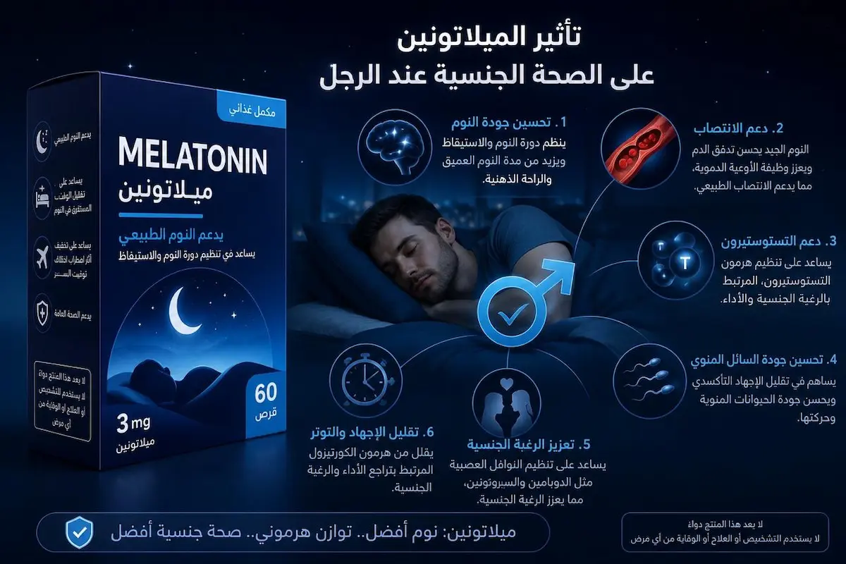 إنفوجرافيك طبي بصري يوضح الشرح والتأثير المحتمل لمكمل الميلاتونين والجودة النومية على التستوستيرون والانتصاب وفق الأدلة المتاحة.