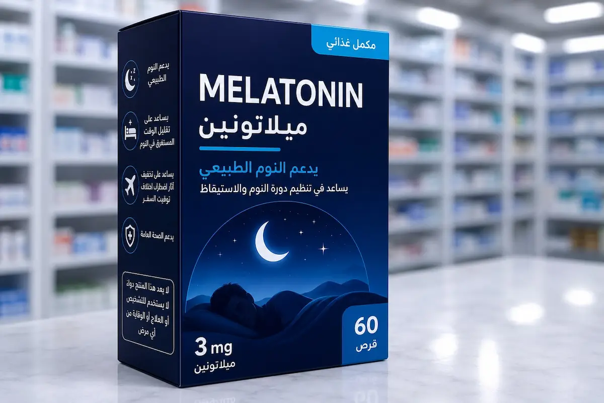 لقطة فوتوغرافية لعلبة مكمل الميلاتونين لمناقشة دوره في تحسين النوم، التستوستيرون، والانتصاب عند الرجال.