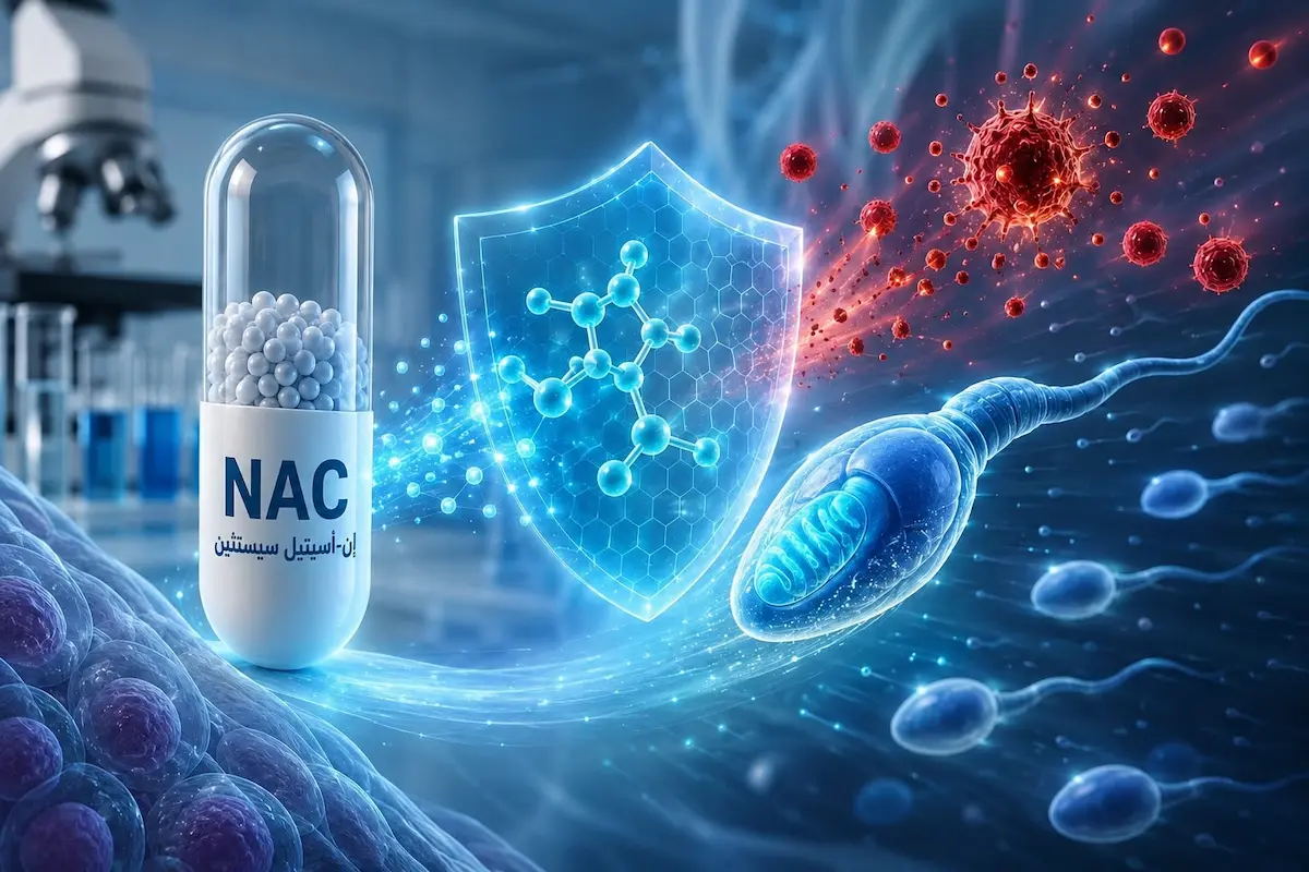 رسم توضيحي يظهر كبسولة مكمل NAC مع حيوانات منوية ودرع حماية لمناقشة دور الإن-أستيل سيستئين في تقليل الإجهاد التأكسدي وتحسين الخصوبة للرجال.