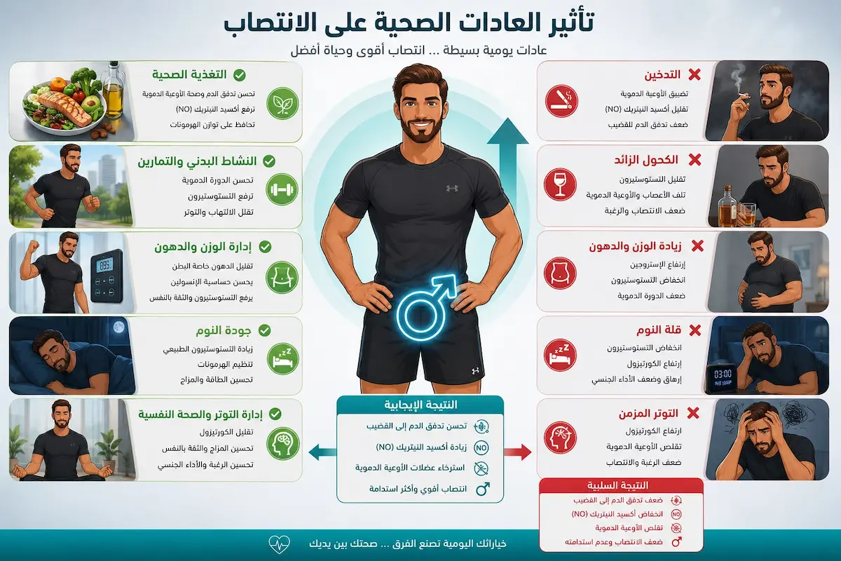 إنفوجرافيك طبي يوضح تأثير التمارين، التغذية، تمارين كيجيل، وخسارة الوزن على تحسين ضعف الانتصاب طبيعياً.