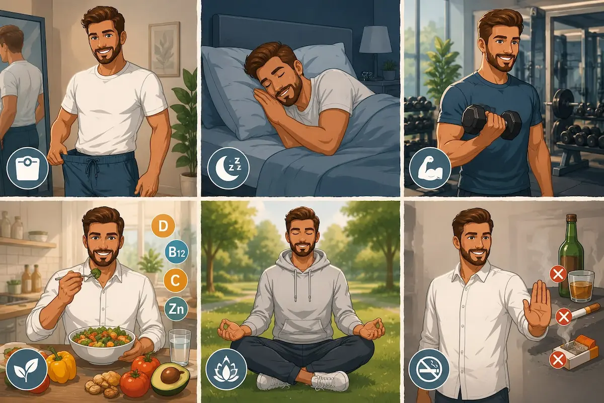 تصميم إنفوجرافيك مقسم الأجزاء يظهر شاباً يطبق طرقاً طبيعية مثل رفع الأثقال، التغذية، والنوم العميق لعلاج قصور الغدد التناسلية ورفع التستوستيرون للرجال.