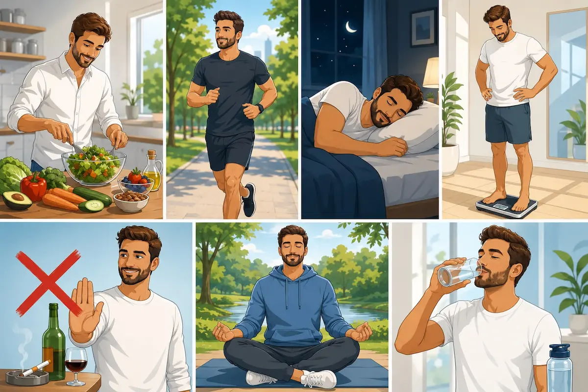 تصميم إنفوجرافيك مقسم الأجزاء يظهر شاباً حيوياً يطبق طرقاً طبيعية وتغذية صحية لتحسين وظيفة بطانة الأوعية الدموية وتعزيز الانتصاب للرجال.