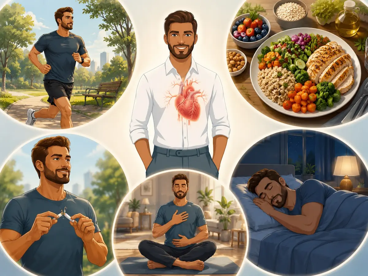 رسم توضيحي يظهر شاباً سعيداً وبجانبه مجسم لقلب سليم محاطاً بأيقونات تمثل الطرق الطبيعية والآمنة لتحسين الأداء الجنسي وكفاءة الشرايين لمرضى القلب.