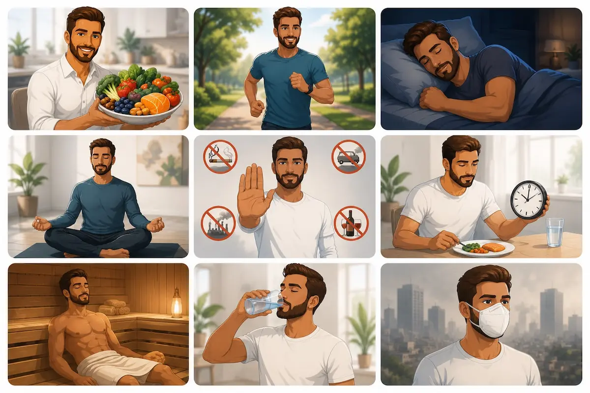 تصميم إنفوجرافيك مقسم الأجزاء يظهر شاباً حيوياً ومجموعة من الطرق الطبيعية والأنماط الغذائية لتقليل الإجهاد التأكسدي وتحسين التستوستيرون والانتصاب للرجال.