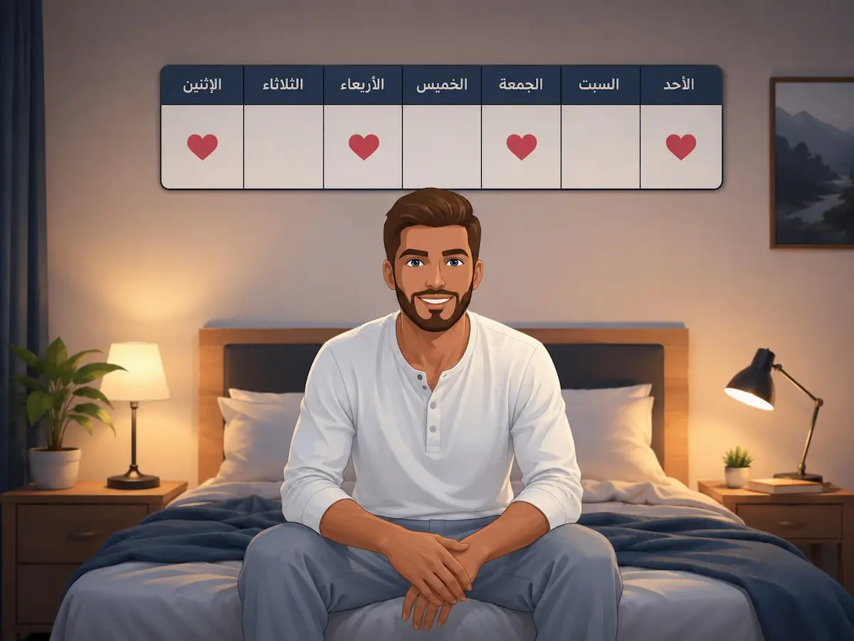 لقطة فوتوغرافية لشاب يجلس على السرير يتأمل لمناقشة المعدل الطبيعي لعدد مرات الجماع عند الرجال وهل يوجد معيار عددي ثابت.