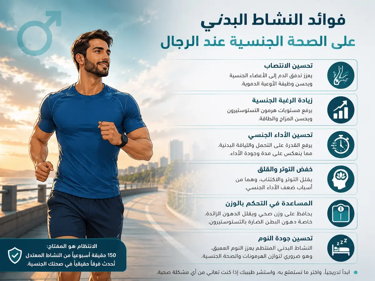إنفوجرافيك طبي بصري يوضح الشرح والفوائد الفسيولوجية المباشرة للنشاط البدني والتمارين الرياضية على الصحة الجنسية للرجال.