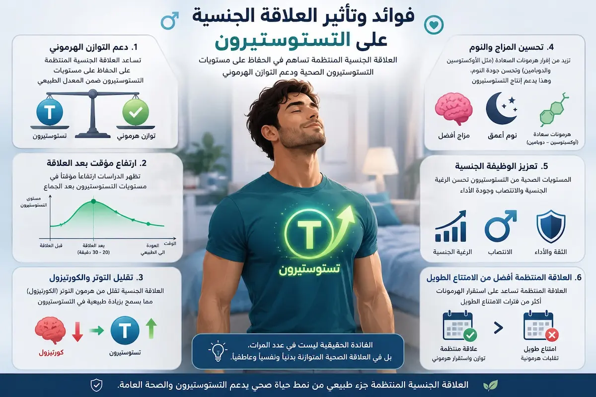 إنفوجرافيك طبي يوضح فوائد الممارسة الجنسية المنتظمة على التستوستيرون، صحة الأوعية الدموية، البروستاتا، والحالة النفسية للرجل.