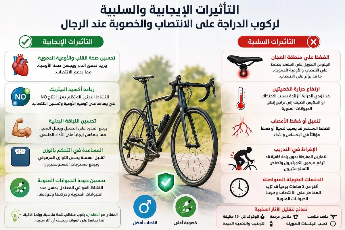 إنفوجرافيك طبي يقارن بين فوائد ركوب الدراجة للشرايين والقلب ومخاطر ضغط المقعد والحرارة على الخصوبة والانتصاب عند الرجال.