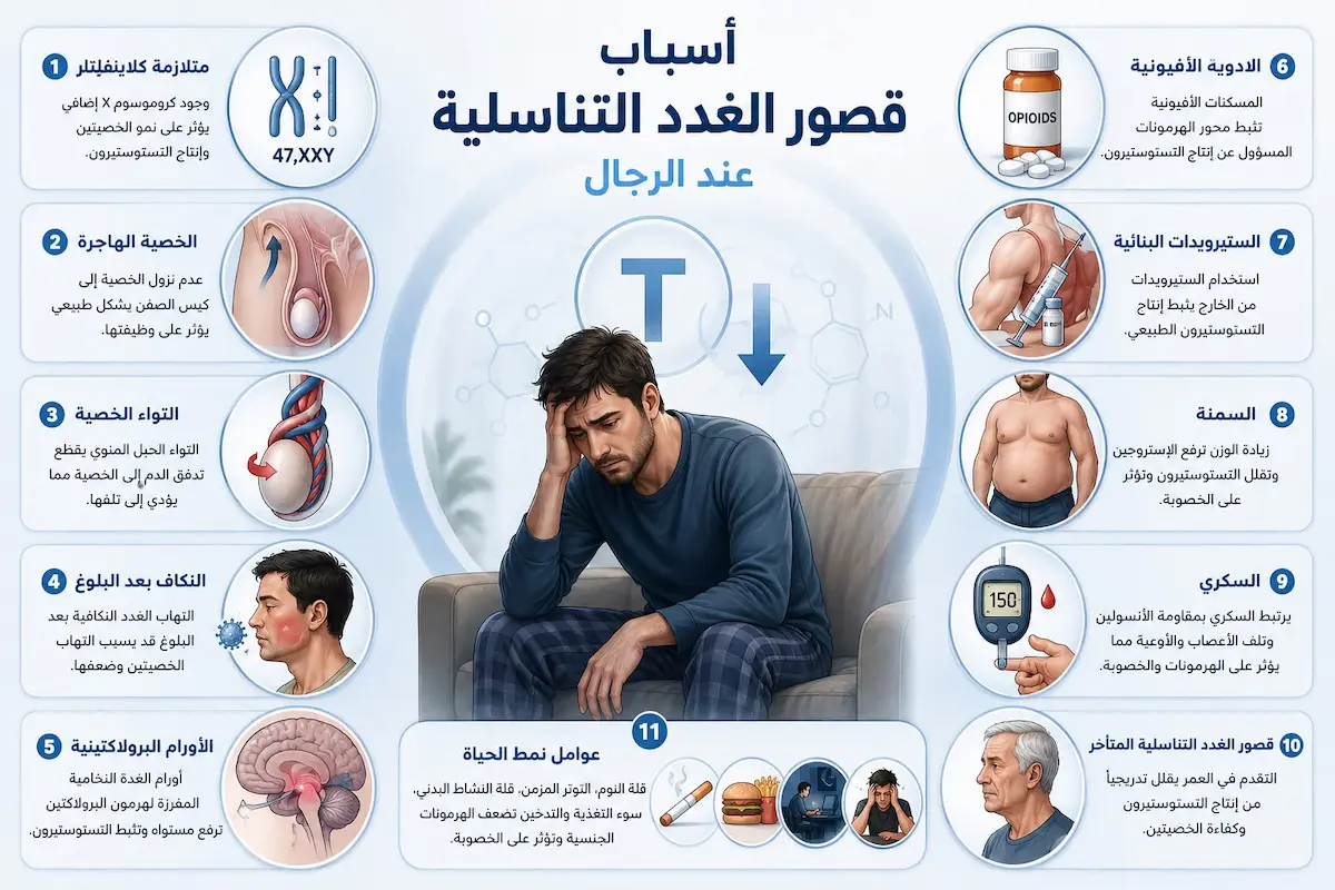 إنفوجرافيك طبي يقارن بين أسباب قصور الغدد التناسلية الأولي (خلل الخصية) وقصور الغدد الثانوي (خلل الغدة النخامية والدماغ).