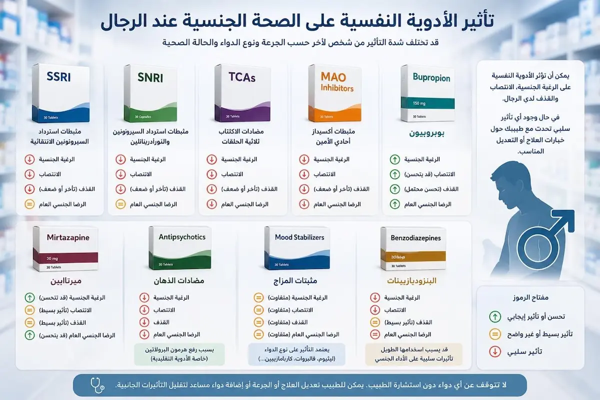 إنفوجرافيك طبي بصري يوضح الشرح والتأثير المباشر وغير المباشر للأدوية النفسية على الصحة الجنسية للرجال وفق الأدلة السريرية.