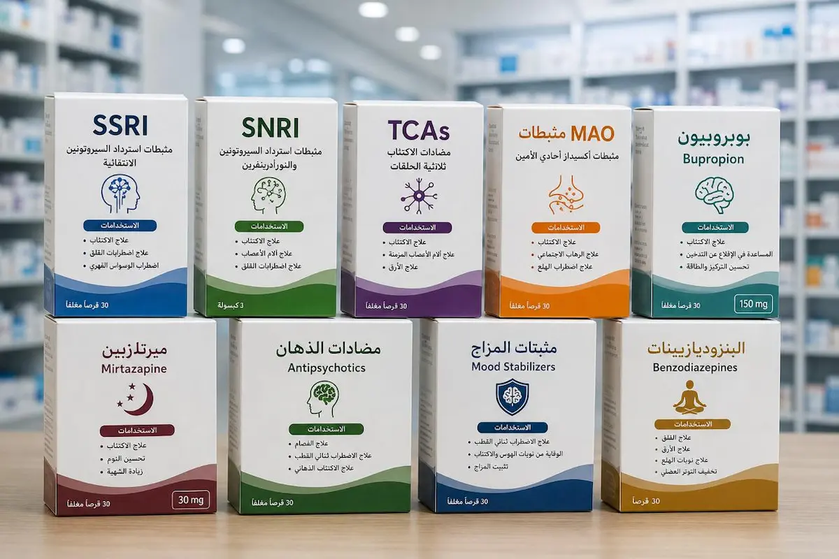 لقطة فوتوغرافية لعلب أدوية نفسية مختلفة لمناقشة تأثيرها العلمي على الصحة الجنسية والانتصاب عند الرجال.