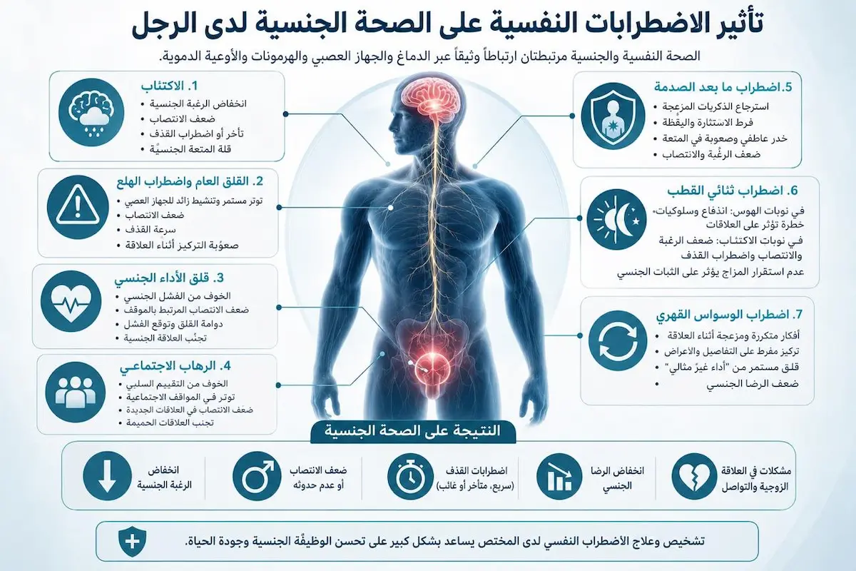إنفوجرافيك طبي بصري يوضح الشرح والتأثير المباشر وغير المباشر للاضطرابات النفسية على الصحة الجنسية والانتصاب عند الرجال.