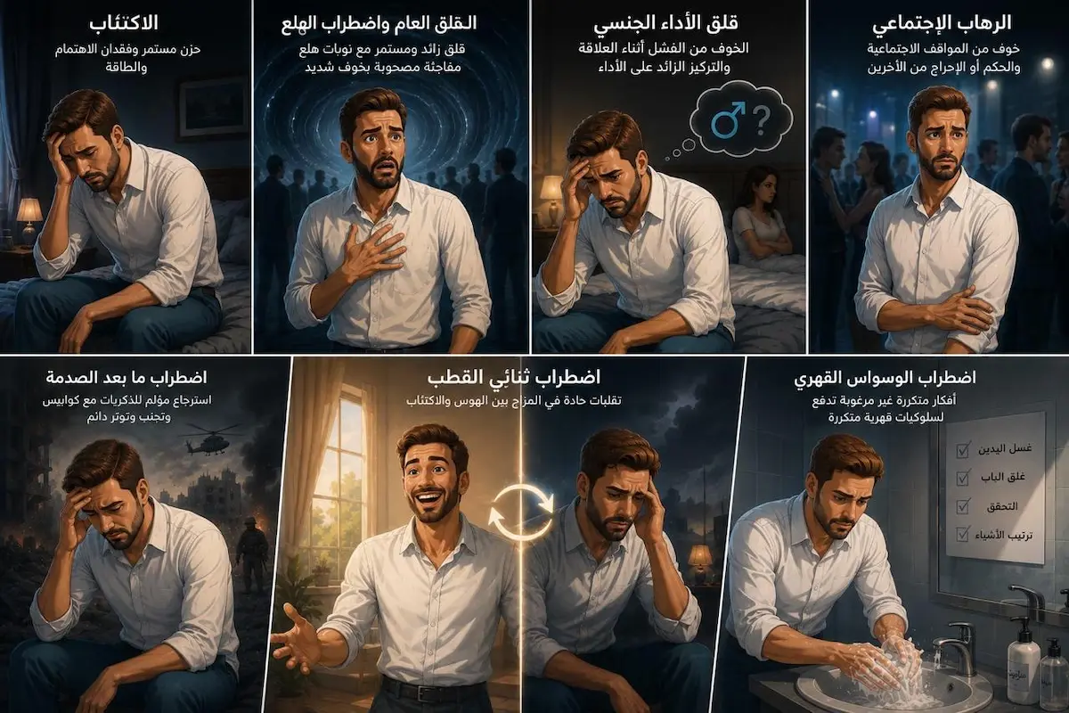 صورة بشاشة منقسمة لشاب يمر باضطرابات نفسية مختلفة لمناقشة تأثير الصحة النفسية على الوظيفة الجنسية للرجال.