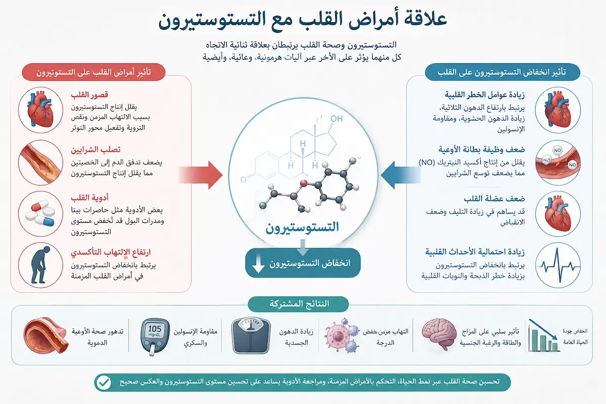 إنفوجرافيك طبي يشرح العلاقة بين أمراض القلب ونقص التستوستيرون وتصلب الشرايين المسبب لضعف الانتصاب عند الرجال.