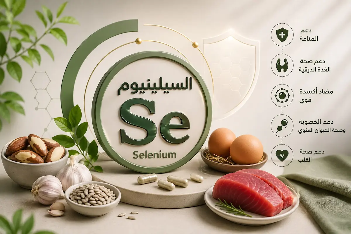رسم توضيحي يظهر الرمز الكيميائي لعنصر السيلينيوم Se ومحاط بأيقونات هرمون التستوستيرون والخصوبة لمناقشة دوره في حماية النطاف للرجال.
