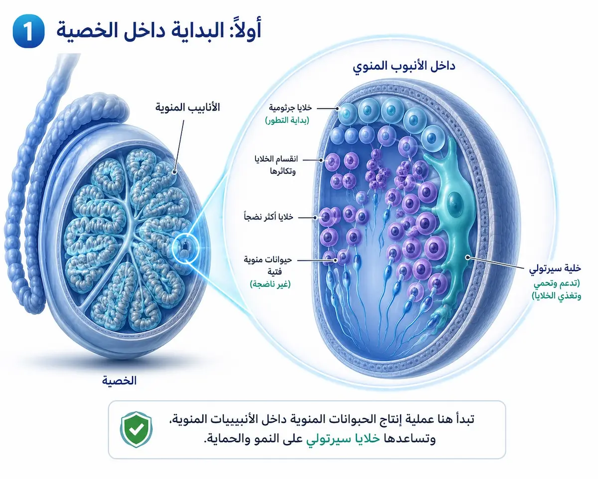 رسم مجهري طبي يوضح الأنيبيبات المنوية وخلايا سيرتولي الحاضنة والمغذية للحيوانات المنوية داخل الخصية عند الرجل.