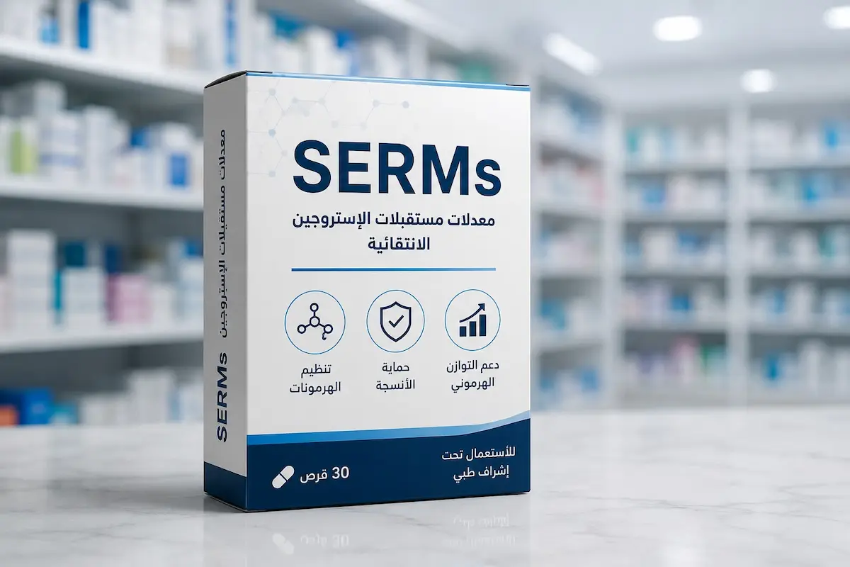 لقطة فوتوغرافية لعلبة دواء أدوية SERM وأقراص كلوميفين للرجال لمناقشة فوائدها وأضرارها وتأثيرها على التستوستيرون والخصوبة.
