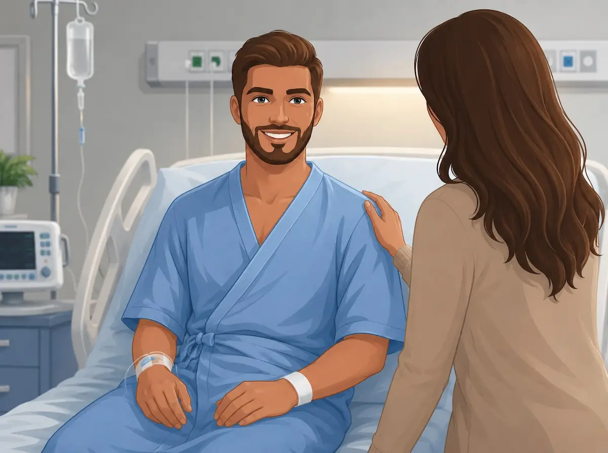 لقطة فوتوغرافية تظهر زوجة تساند زوجها المبتسم أثناء تعافيه في المستشفى لمناقشة الموعد الآمن لاستئناف النشاط الجنسي بعد عمليات القلب للرجال.