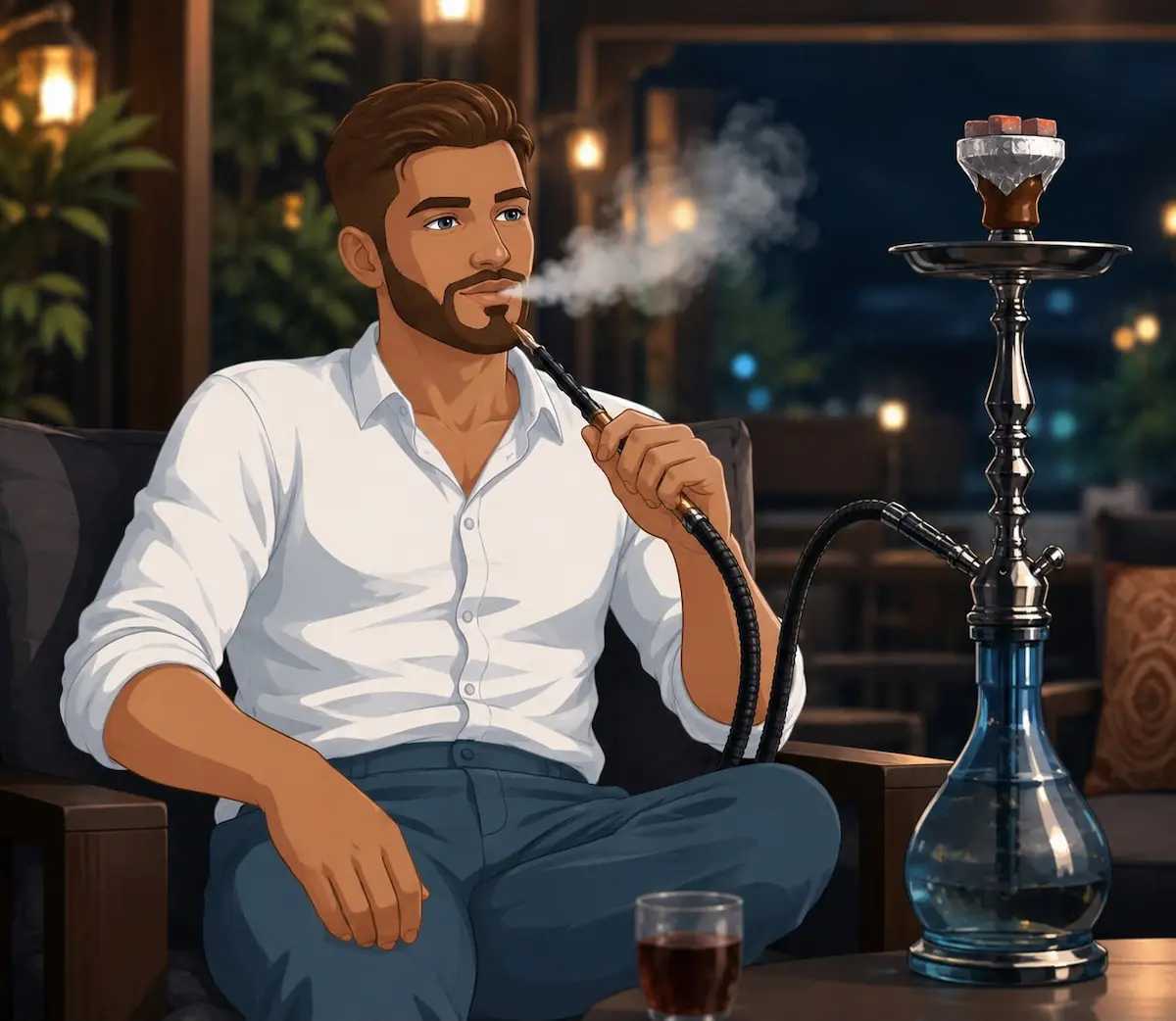 لقطة فوتوغرافية تظهر شاباً يدخن الأرجيلة ويحيط به الدخان لمناقشة أضرار الشيشة على الانتصاب ومستويات التستوستيرون مقارنة بالسجائر للرجال.
