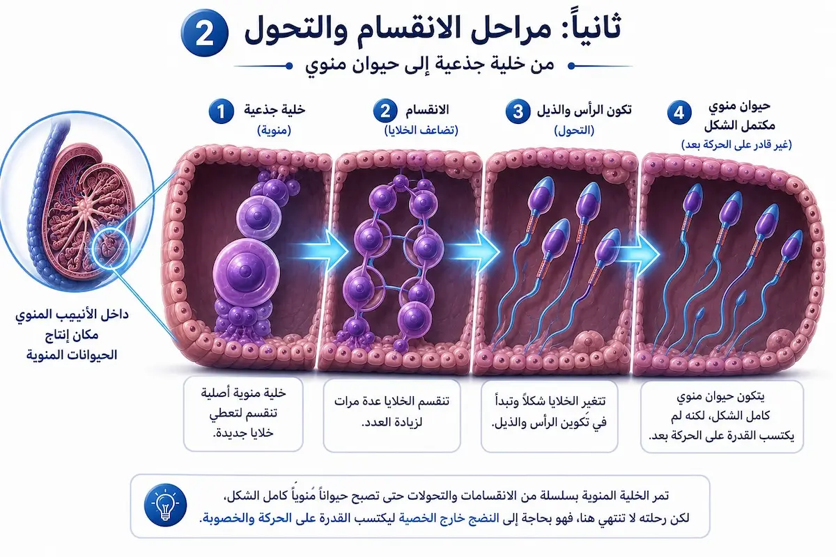 مخطط إنفوجرافيك طبي يوضح مراحل انقسام وتحول الخلية الجذعية المنوية إلى حيوان منوي كامل الذيل والرأس.
