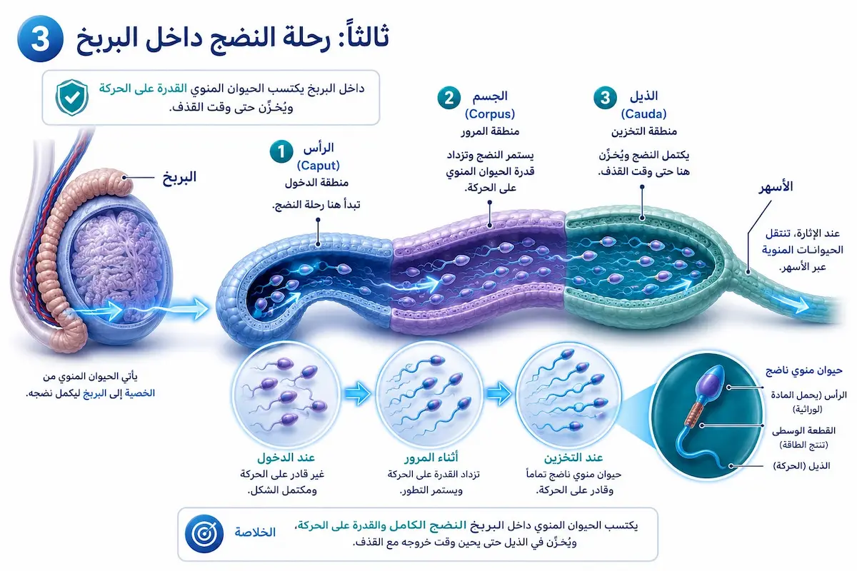 رسم تشريحي طبي يوضح هيكل البربخ فوق الخصية ودوره في نضج وتخزين الحيوانات المنوية قبل القذف للرجال.
