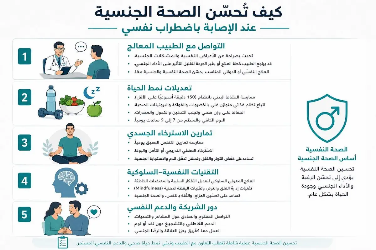 إنفوجرافيك طبي بصري يوضح الشرح والاستراتيجيات العملية لتحسين الصحة الجنسية للرجال الذين يعانون من اضطرابات نفسية.