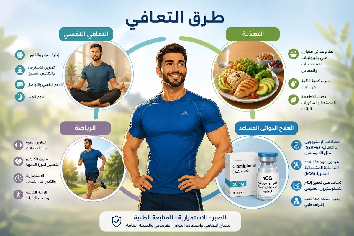 شرح طرق التعافي بعد الستيرويدات الابتنائية - أطلس الرجل الصحي. إنفوجرافيك طبي بصري يوضح الشرح والاستراتيجيات العملية لاستعادة التستوستيرون والخصوبة بعد إيقاف الستيرويدات الابتنائية وفق الأدلة السريرية.